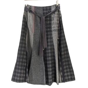 Vintage wool blend grey plaid mix funky boho aline midi skirt grey Small T2